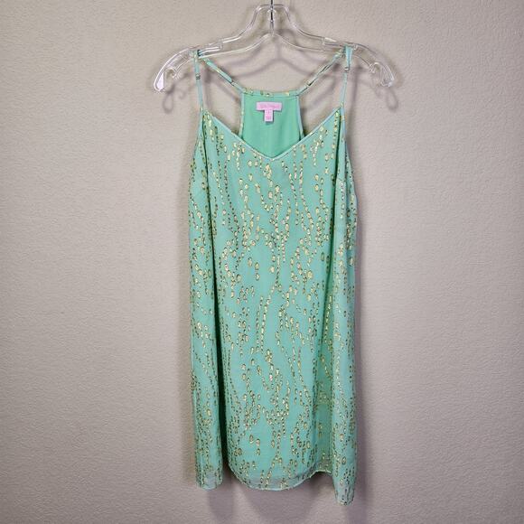 Lilly Pulitzer Dusk Silk Slip Dress Women Mint Gold Metallic Tropical Vacation S - Picture 6 of 16